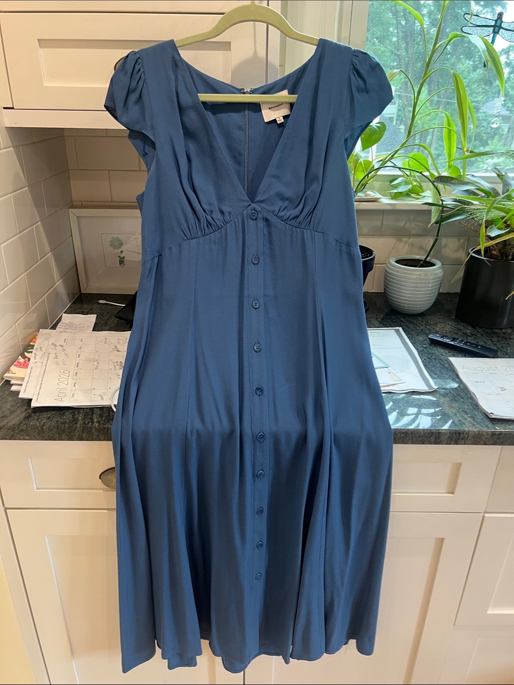 Reformation Blue V-Neck Button-Front Midi Dress